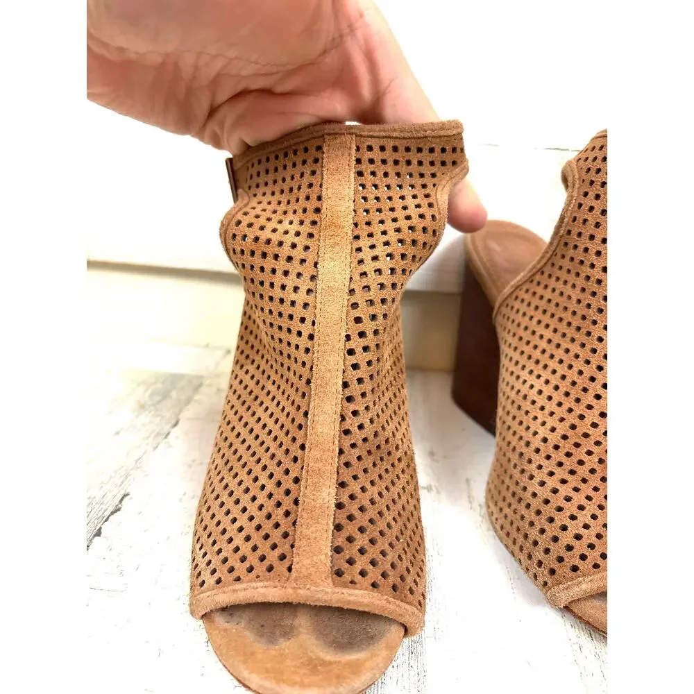 Tory Burch Women 7 Tan Jessie Perforated Suede High Heel Open Toe Strappy Bootie